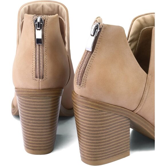 Mysoft Women's Light Brown Pu Chunky Mid Heel Slip on Toe Stacked Ankle Boots - Picture 3 of 7